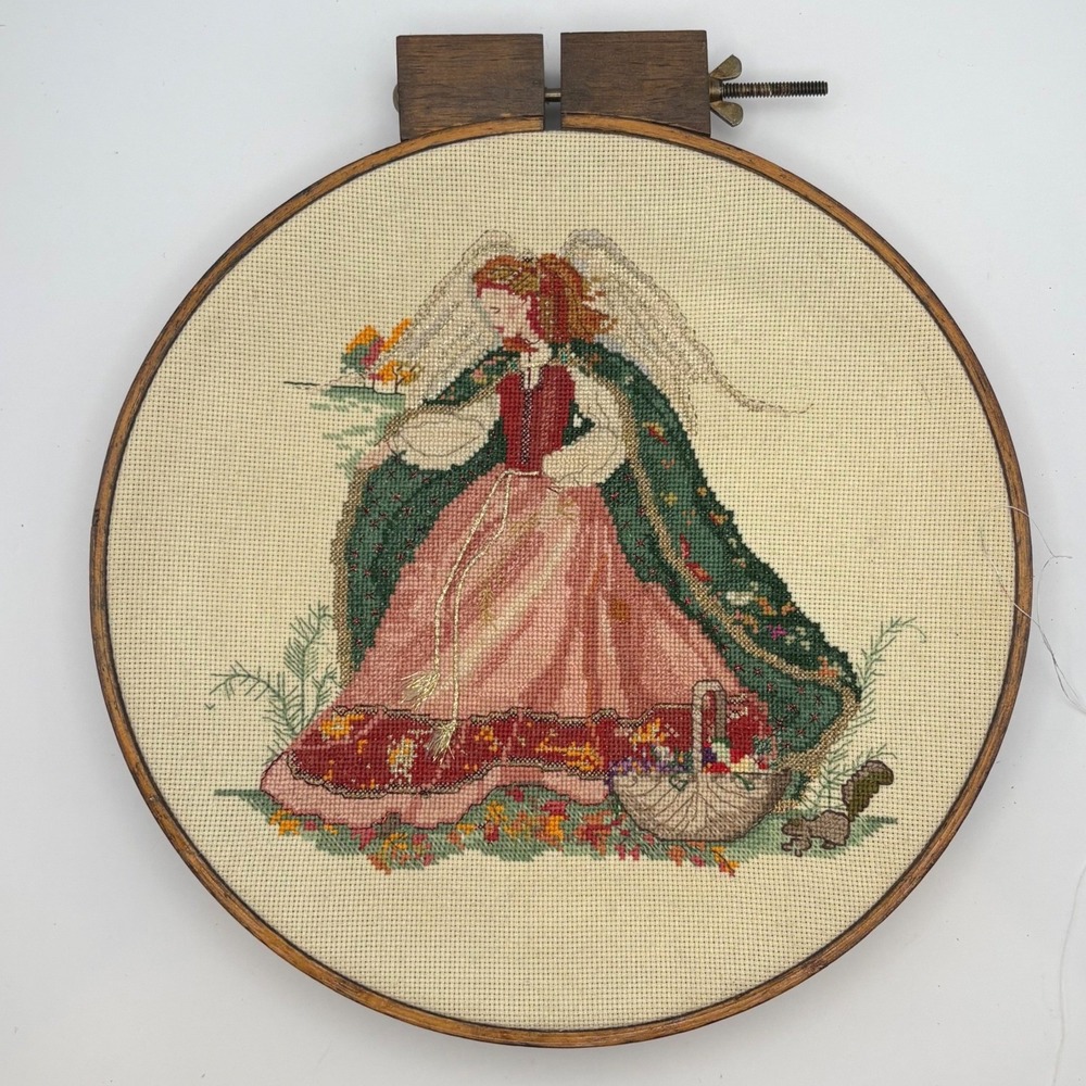 Vtg Mar Bek Woodland Angel Finished Cross Stitch Hoop 12" Cottagecore Christmas